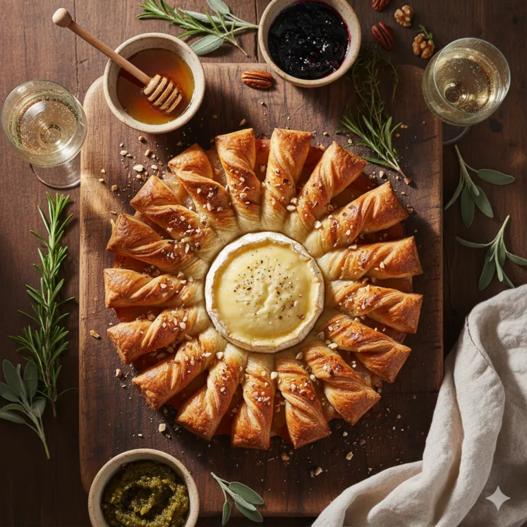 Tarte Soleil au Camembert Rôti vue du dessus avec fromage fondant et pâte feuilletée dorée