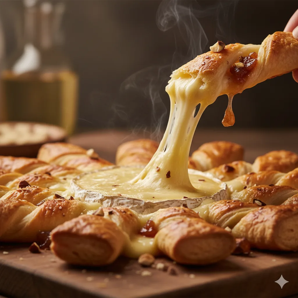 Gros plan du camembert rôti fondant au centre de la Tarte Soleil avec noisettes