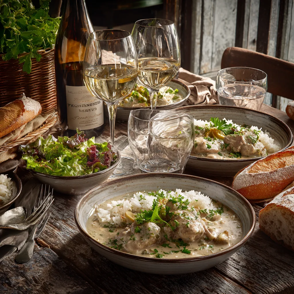 Assiette de blanquette de veau servie avec riz et persil frais