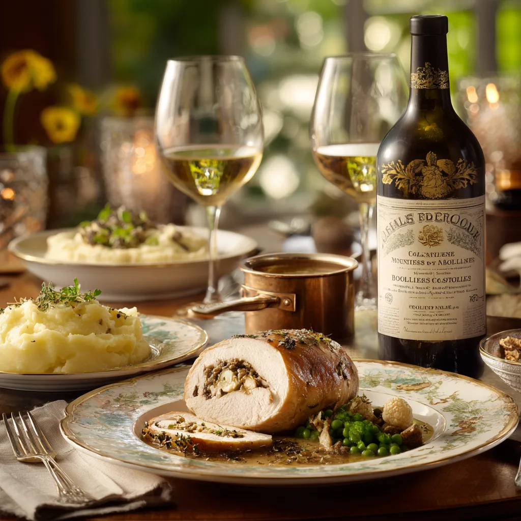 Ballotine de Poulet de Bresse aux Morilles servie à table avec accompagnements et verres de vin