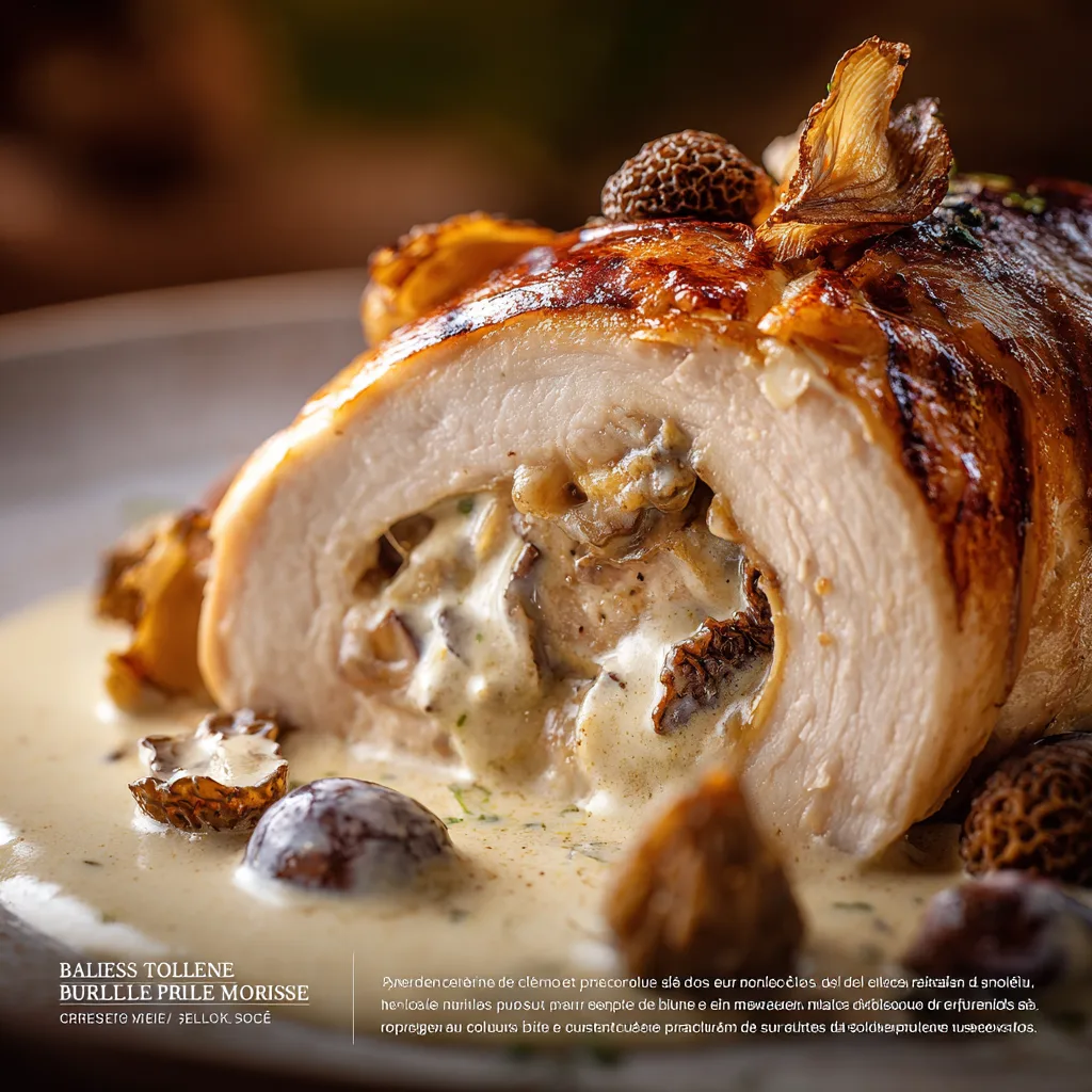 Tranche de Ballotine de Poulet de Bresse aux Morilles en gros plan, farce crémeuse aux morilles