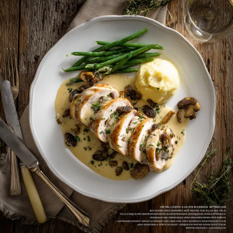 Ballotine de Poulet de Bresse aux Morilles servie avec purée et légumes, vue du dessus