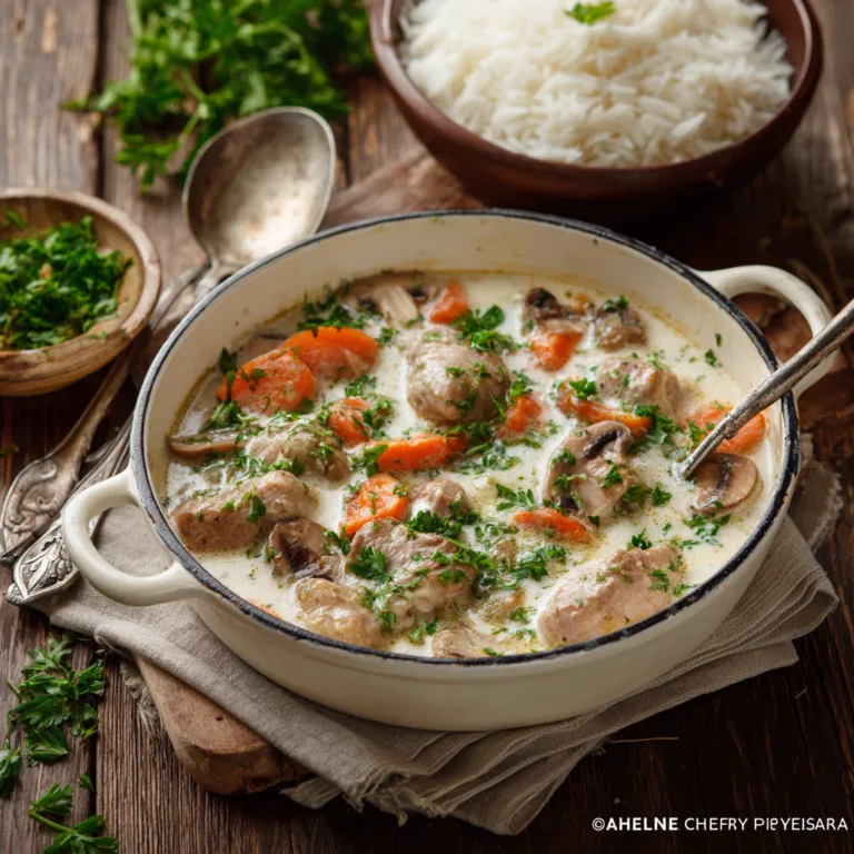 Blanquette de veau traditionnelle servie en cocotte, sauce crémeuse et légumes vue du dessus