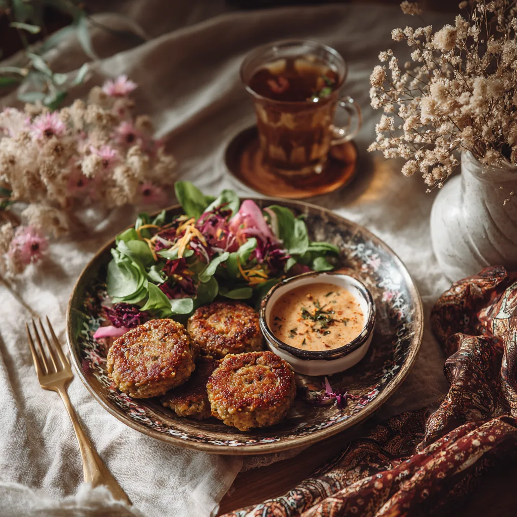 brick-viande-hachee-presentation-elegante-table-salade-sauce-accompagnements