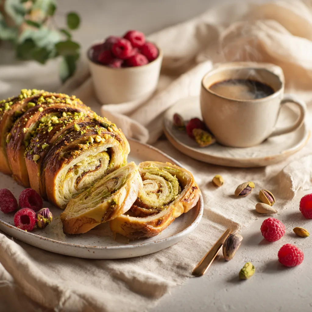 Brioche roulée pistache servie petit déjeuner gourmand café framboises table élégante