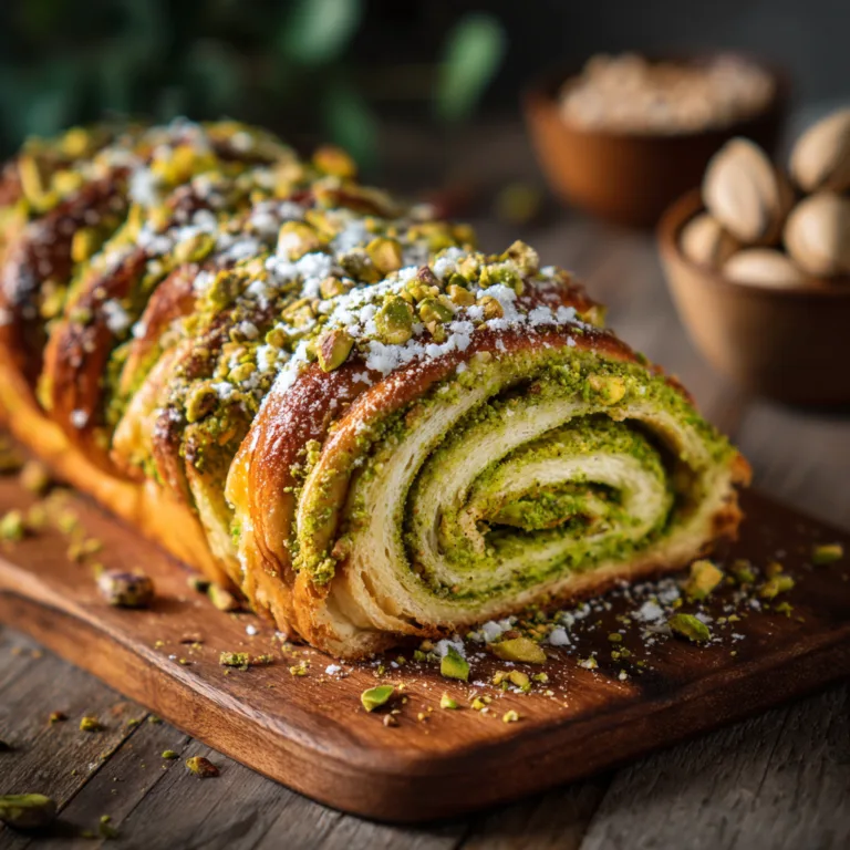Brioche roulée à la pistache maison dorée et moelleuse vue de dessus avec spirale verte