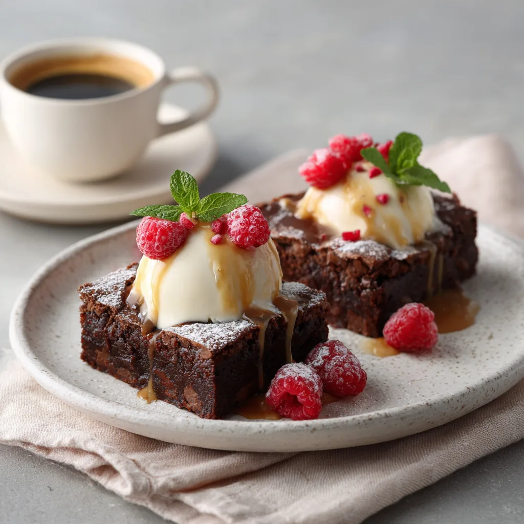 Brownies double chocolat servis avec glace vanille caramel et fruits rouges sur assiette