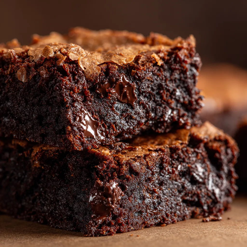 Gros plan texture fondante brownies double chocolat avec cœur moelleux et pépites