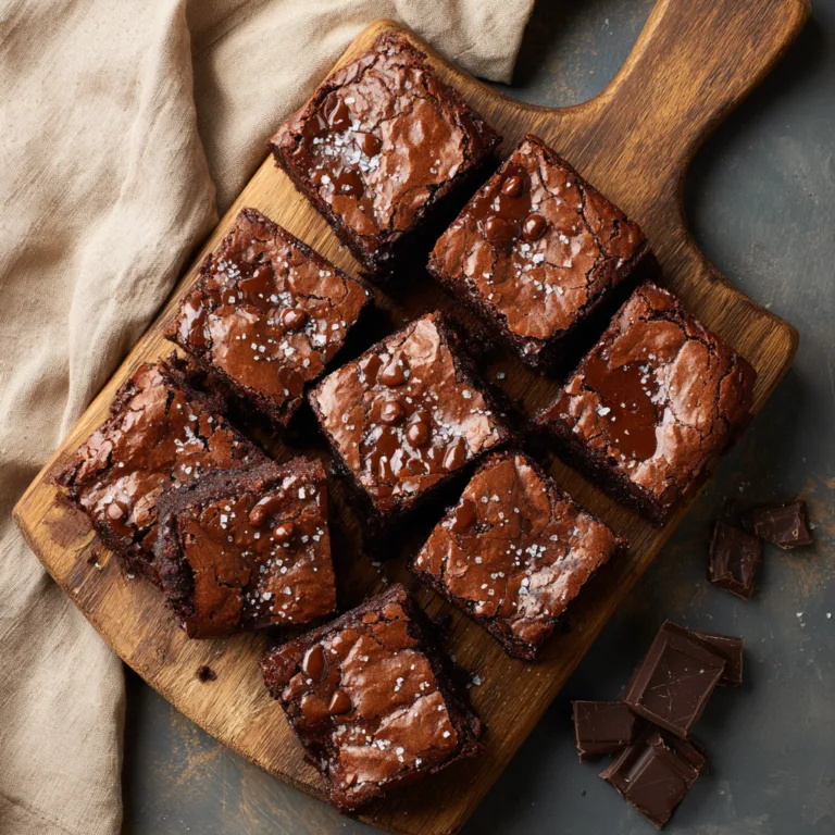 Brownies double chocolat maison ultra fondants disposés sur planche en bois avec pépites de chocolat