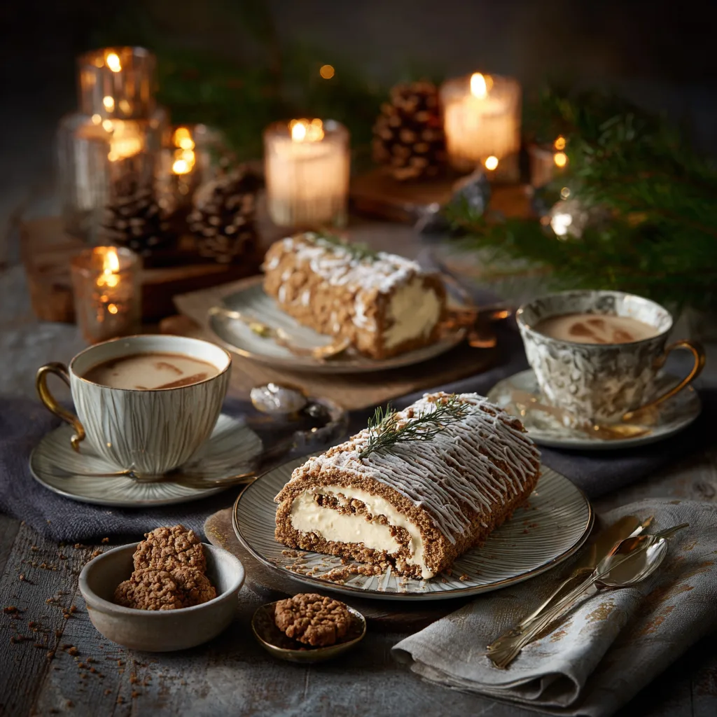 Bûche au Spéculoos servie à table avec boissons chaudes