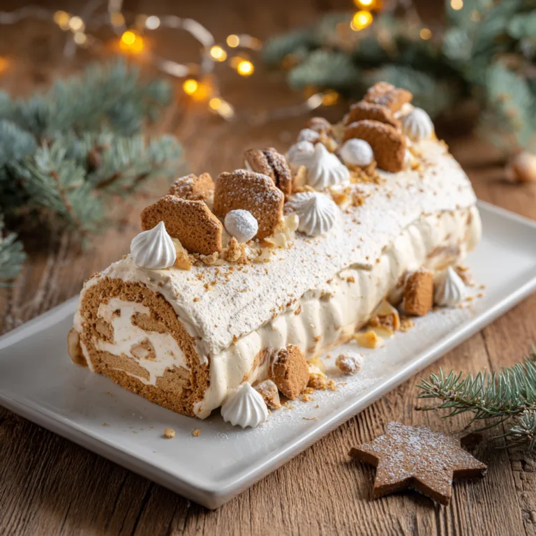 Bûche au Spéculoos vue du dessus sur plat de Noël