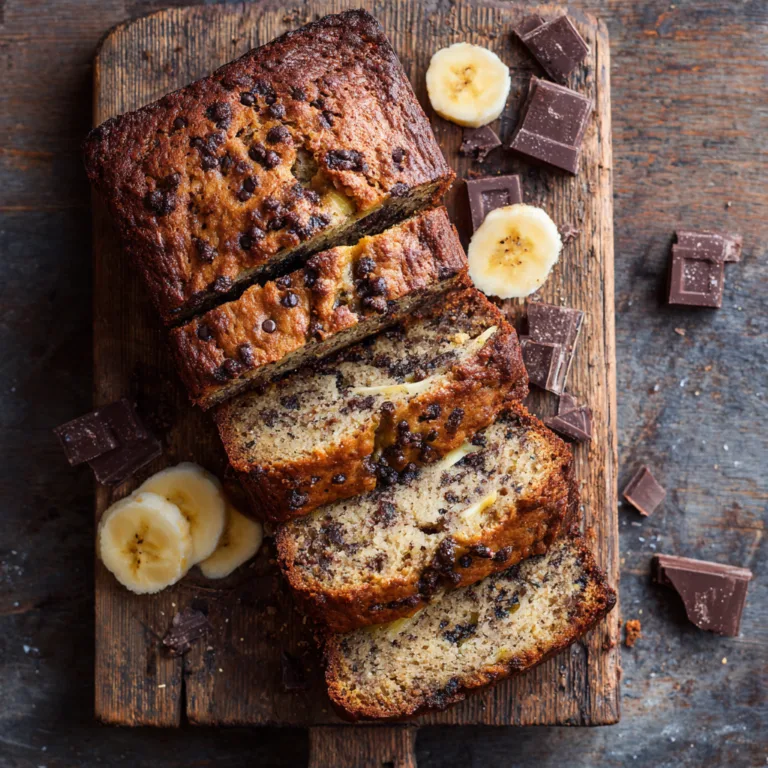 Cake Bananes Chocolat moelleux tranché vu du dessus avec pépites de chocolat et morceaux de banane