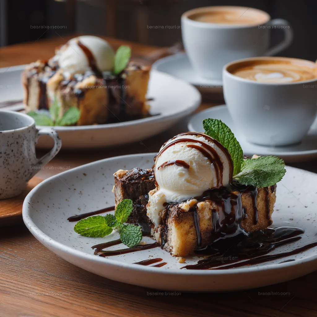 Cake Bananes Chocolat servi avec glace vanille et sauce chocolat sur assiette élégante