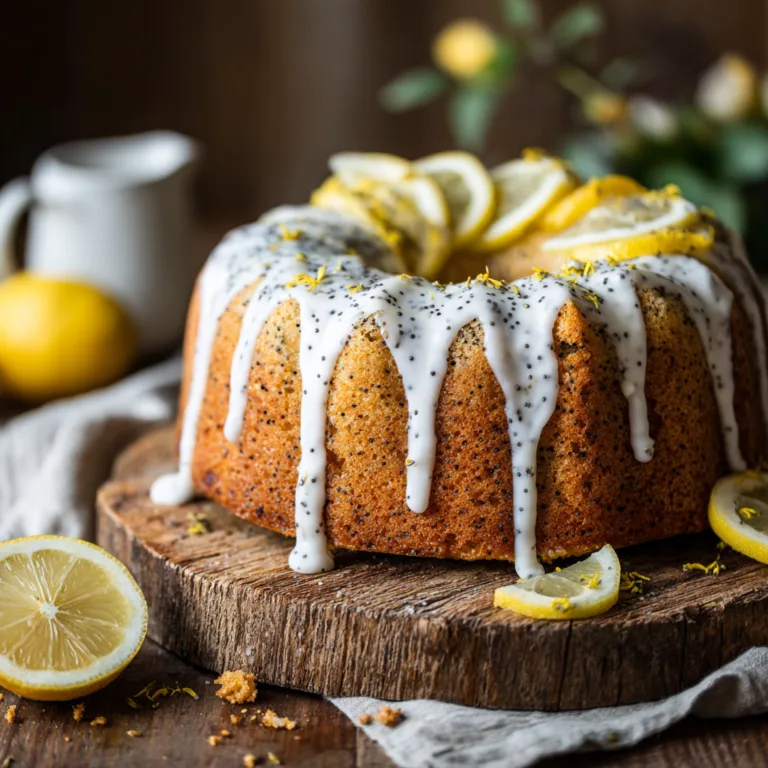 Cake citron pavot maison avec glaçage citron vue du dessus sur planche en bois rustique