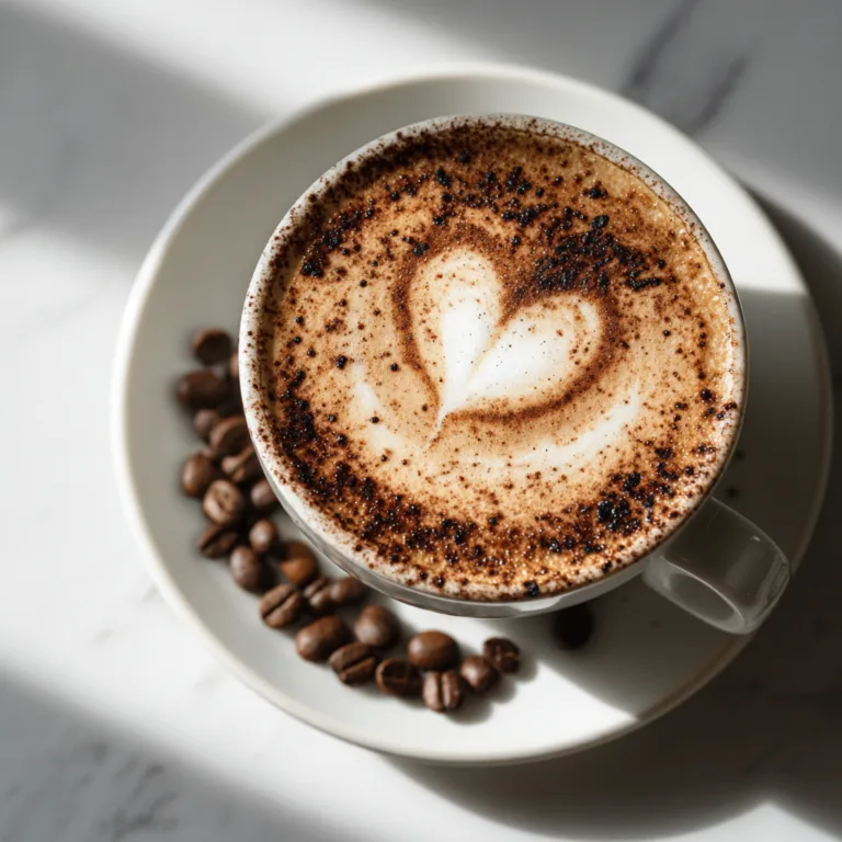 Cappuccino parfait avec latte art en forme de cœur, mousse de lait onctueuse et cacao saupoudré, vue du dessus sur marbre blanc