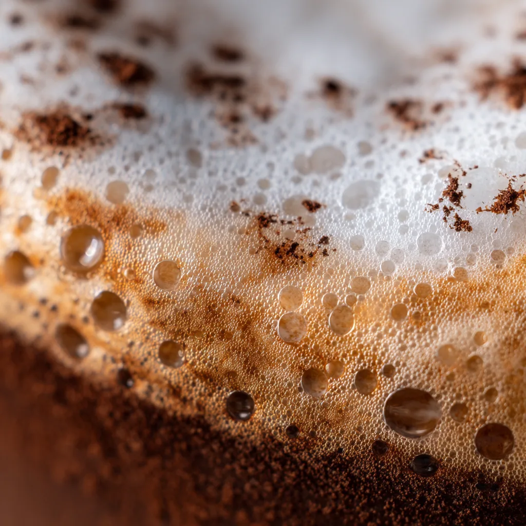 Gros plan de la mousse de lait crémeuse d'un cappuccino montrant la texture microfoam soyeuse et veloutée