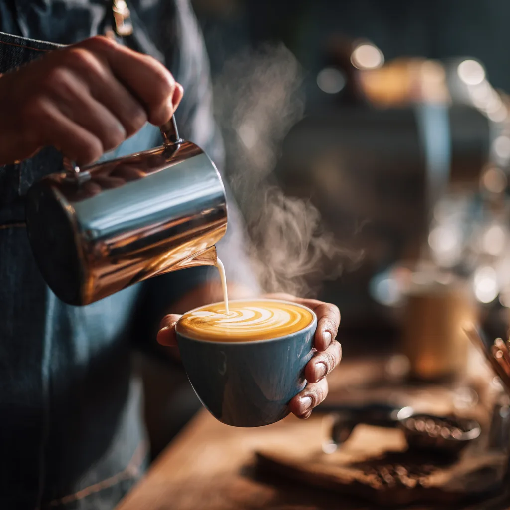 Barista préparant un cappuccino en versant la mousse de lait dans l'espresso pour créer du latte art