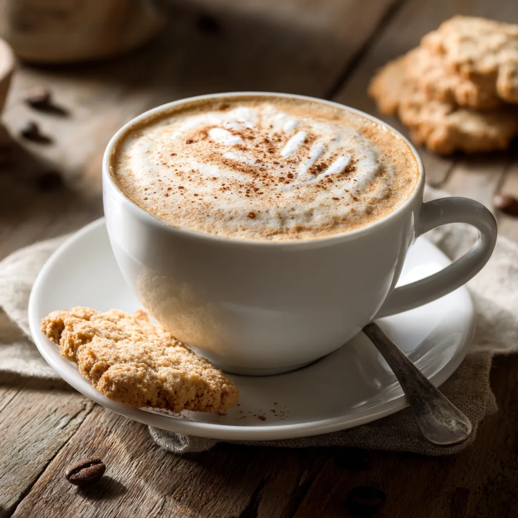 Cappuccino servi élégamment avec biscotti italiens sur table rustique, présentation café italien authentique