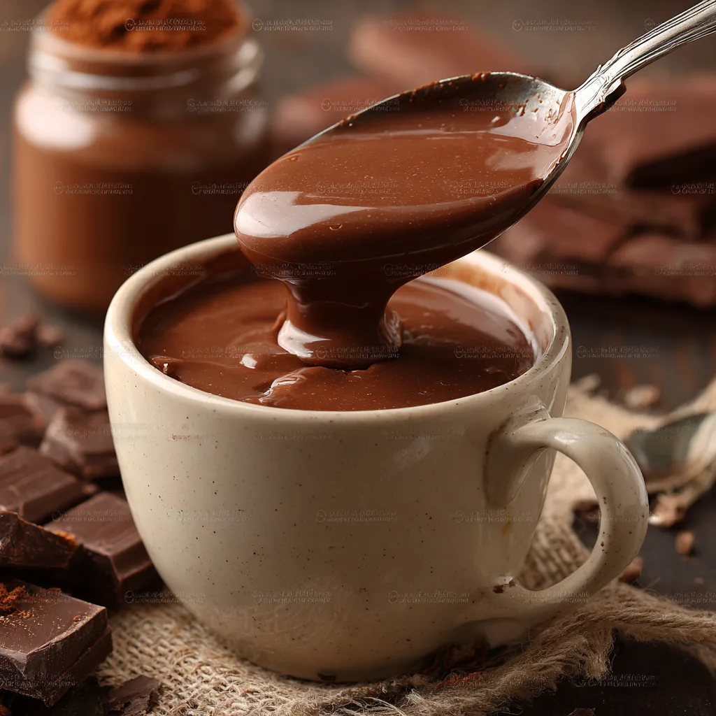 Grosse cuillère de chocolat au lait crémeux montrant une texture onctueuse