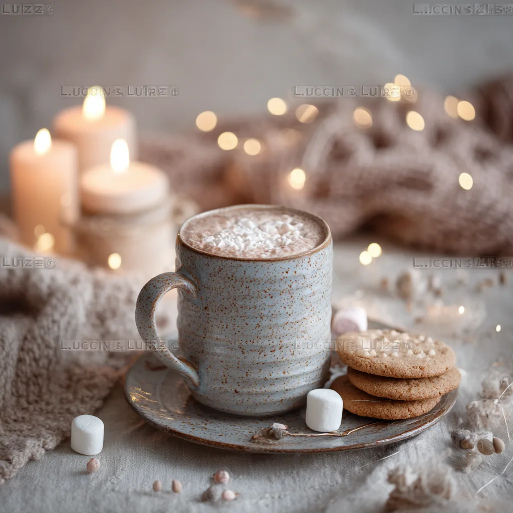 Tasse de chocolat au lait crémeux servie avec biscuits et guimauves sur une table d’hiver 