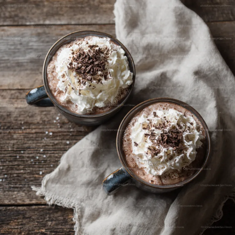 Chocolat au lait crémeux maison vu de dessus dans deux mugs avec chantilly et copeaux de chocolat