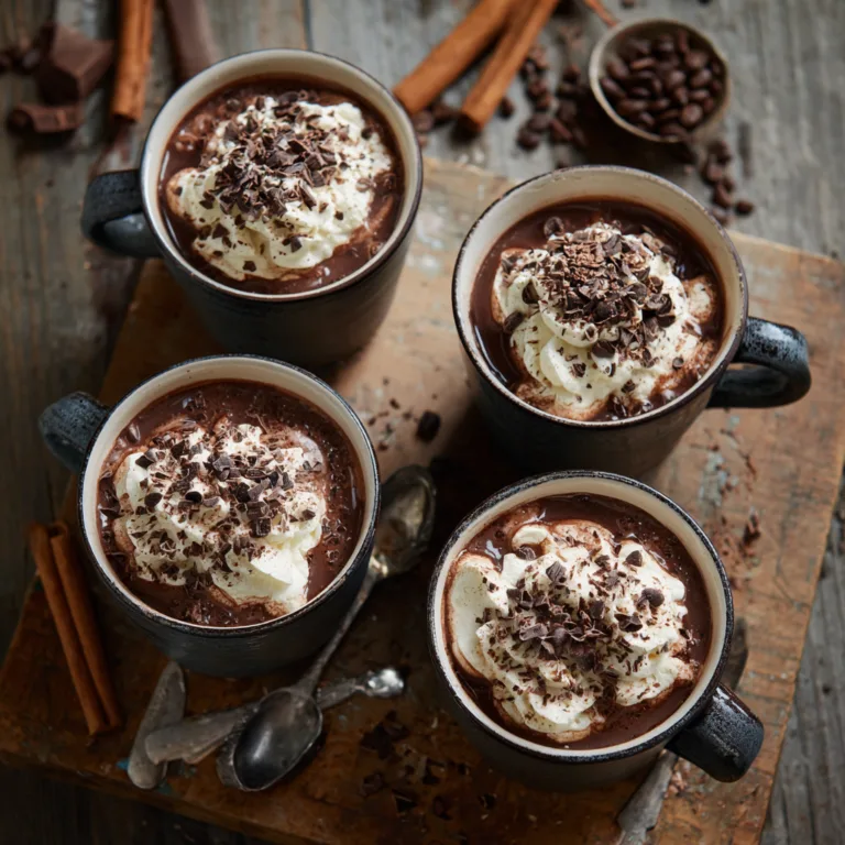 Chocolat viennois maison servi dans des tasses avec crème fouettée et copeaux de chocolat noir vue du dessus