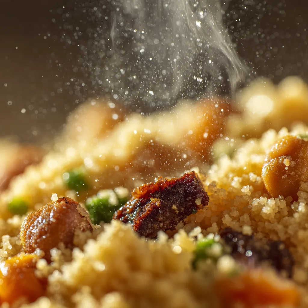 Gros plan sur la semoule de Couscous Royal avec grains dorés, morceaux d'agneau épicé et pois chiches
