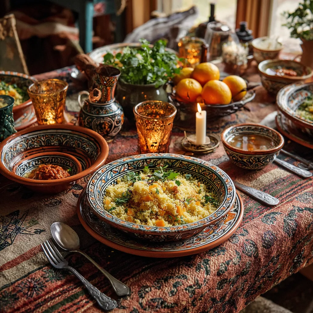 Couscous Royal servi à table avec harissa, thé à la menthe et accompagnements traditionnels marocains