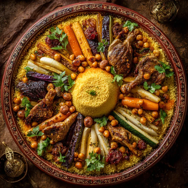 Couscous Royal traditionnel vu du dessus avec trois viandes, légumes colorés et semoule dorée dans un grand plat de service