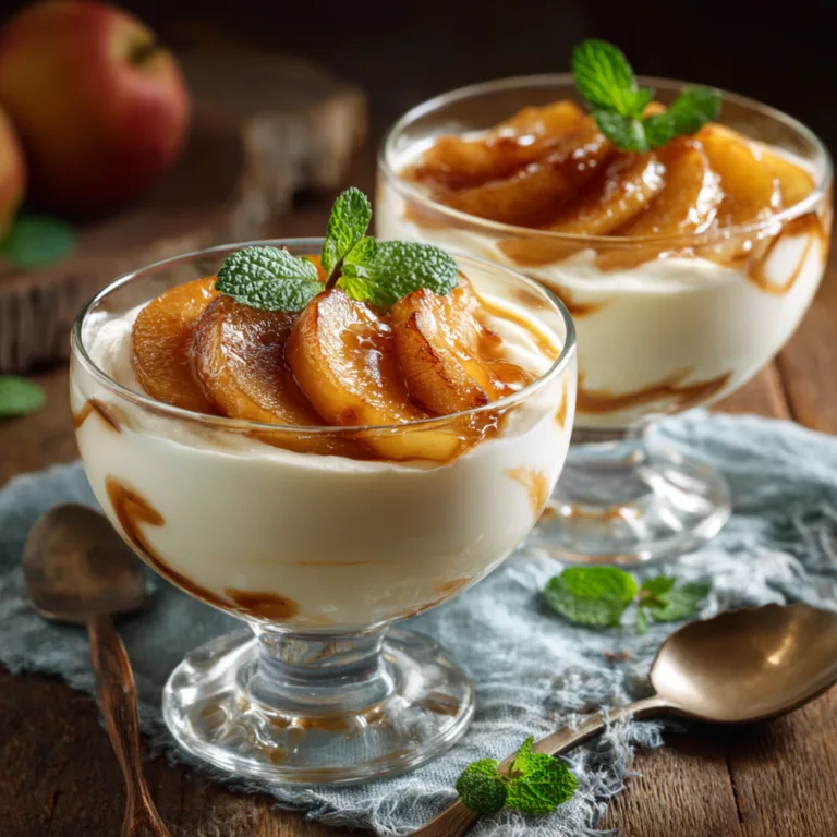 Crème dessert aux pommes maison servie dans des verrines en verre avec pommes caramélisées