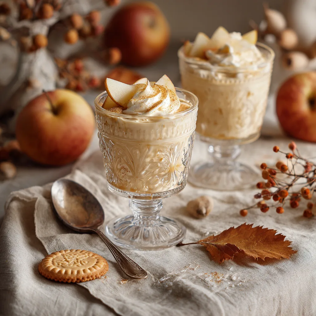 Présentation élégante de crème dessert aux pommes avec accompagnements sur table dressée
