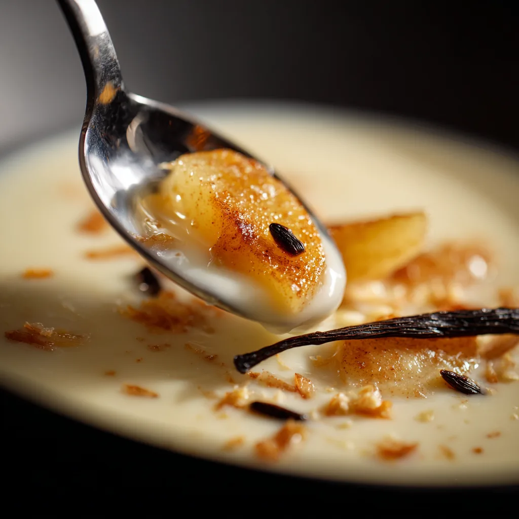 Gros plan texture crémeuse de la crème dessert aux pommes avec morceaux de fruits