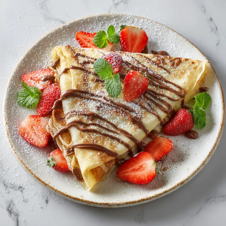 Crêpes gourmandes maison dorées garnies de Nutella et fraises fraîches vue du dessus