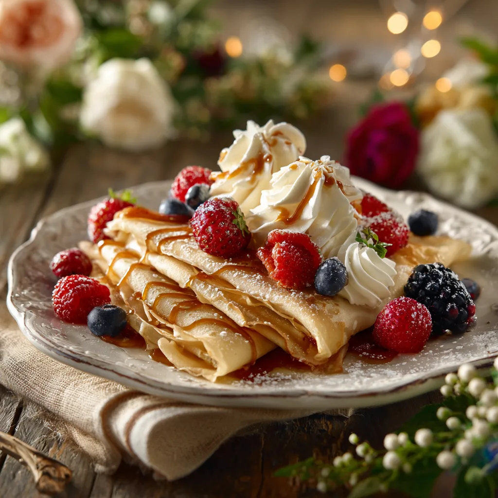 Crêpes gourmandes élégamment servies avec fruits frais chantilly et caramel sur table rustique