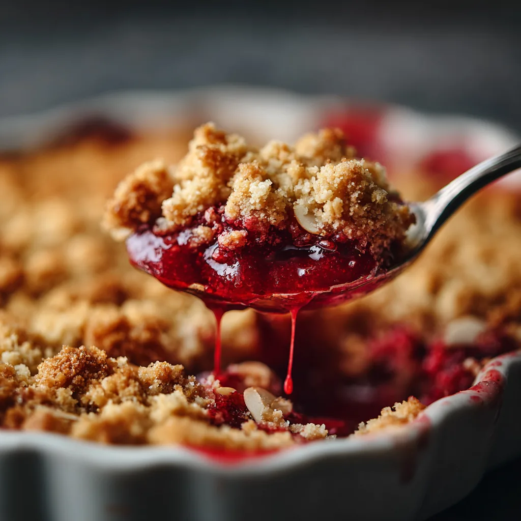 Gros plan texture croustillante crumble framboises spéculoos avec miettes dorées