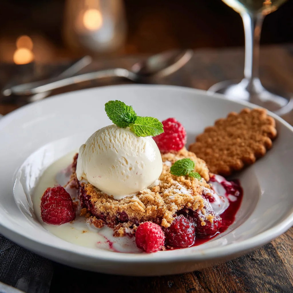 Portion crumble framboises spéculoos servie avec glace vanille et crème anglaise