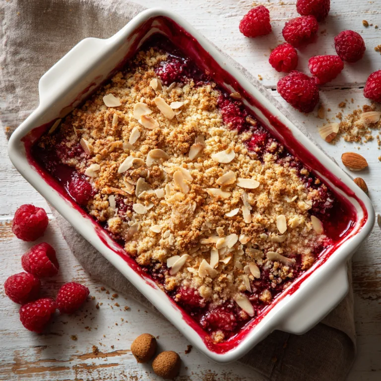 Crumble aux framboises et spéculoos doré dans un plat de cuisson avec fruits rouges