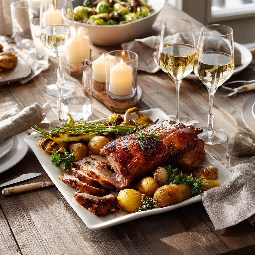 Cuisse de Dinde au Four servie avec accompagnements sur table festive