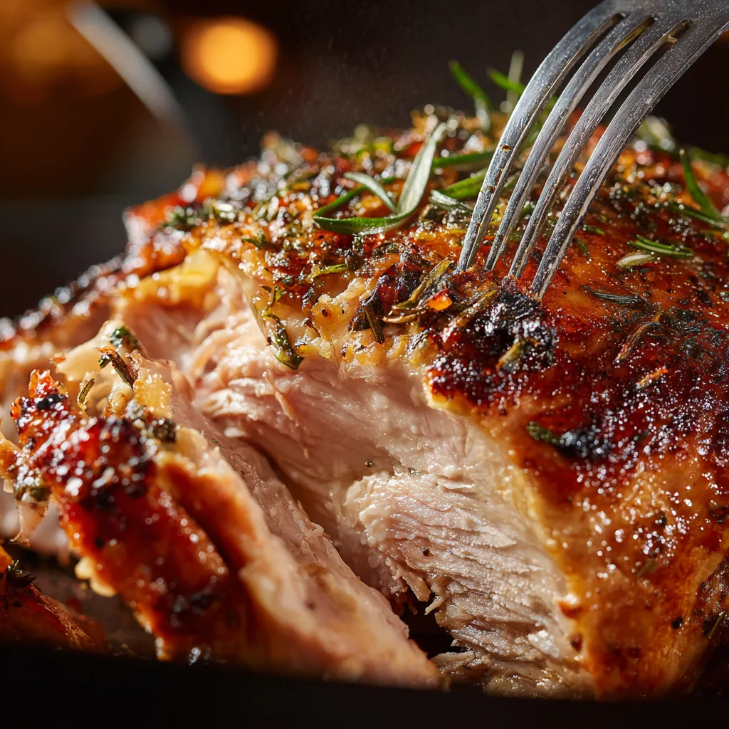 Cuisse de Dinde au Four tranchée montrant viande tendre et juteuse