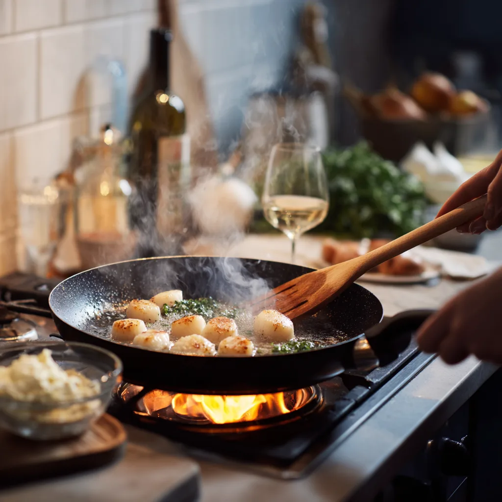 Cuisson des noix de Saint-Jacques à la crème dans une poêle avec beurre mousseux