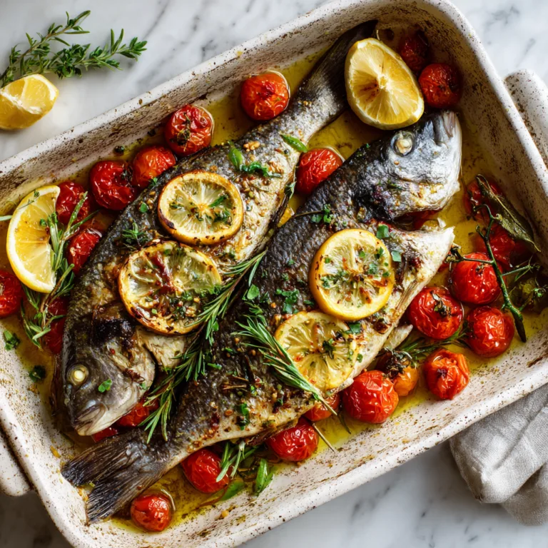 Daurade au citron et aux herbes vue de dessus dans plat de cuisson avec tomates cerises et huile d'olive