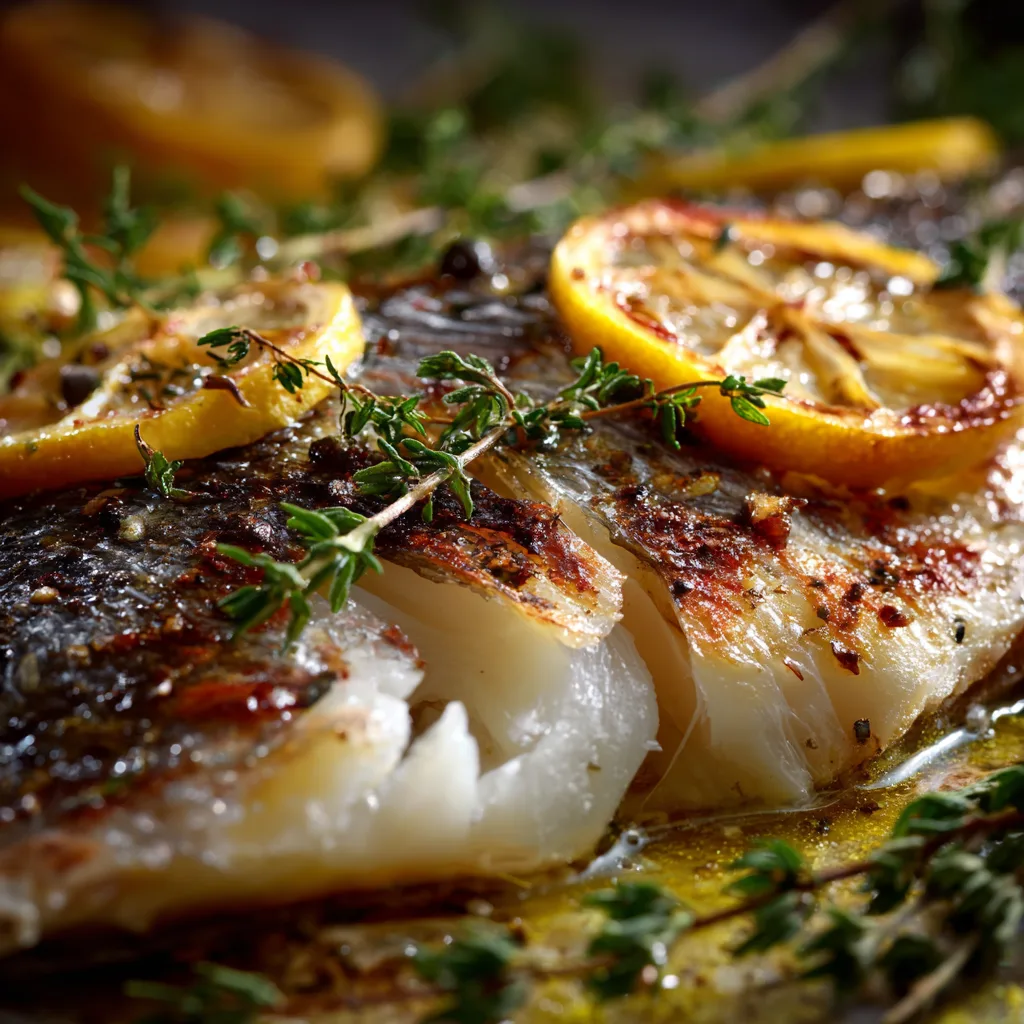 Gros plan chair de daurade au citron et herbes cuite au four texture nacrée et moelleuse