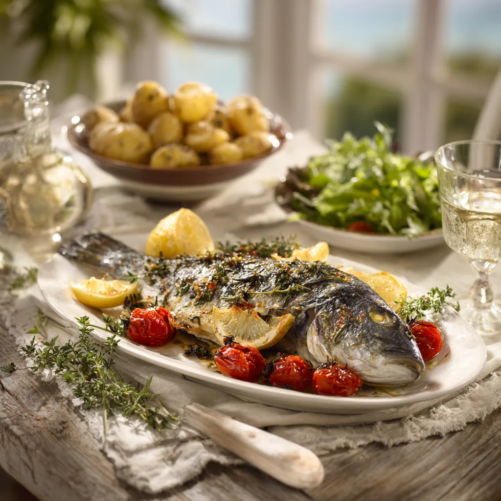 Daurade au citron et aux herbes servie sur plat avec accompagnements méditerranéens pommes de terre légumes