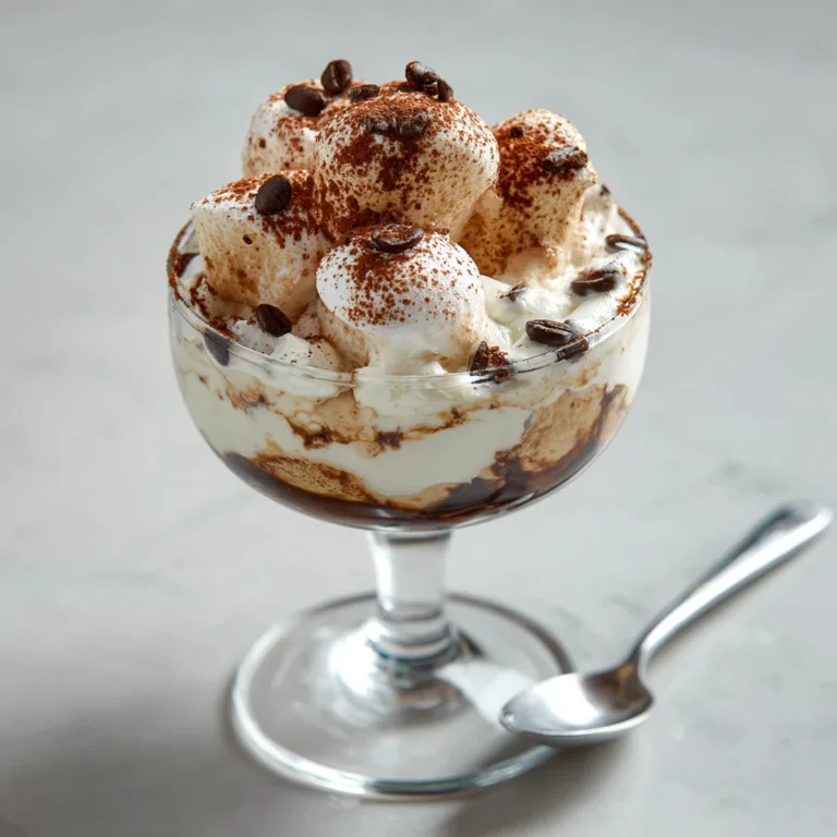 Dessert glacé au café et meringue servi dans une coupe en verre avec cacao et grains de café