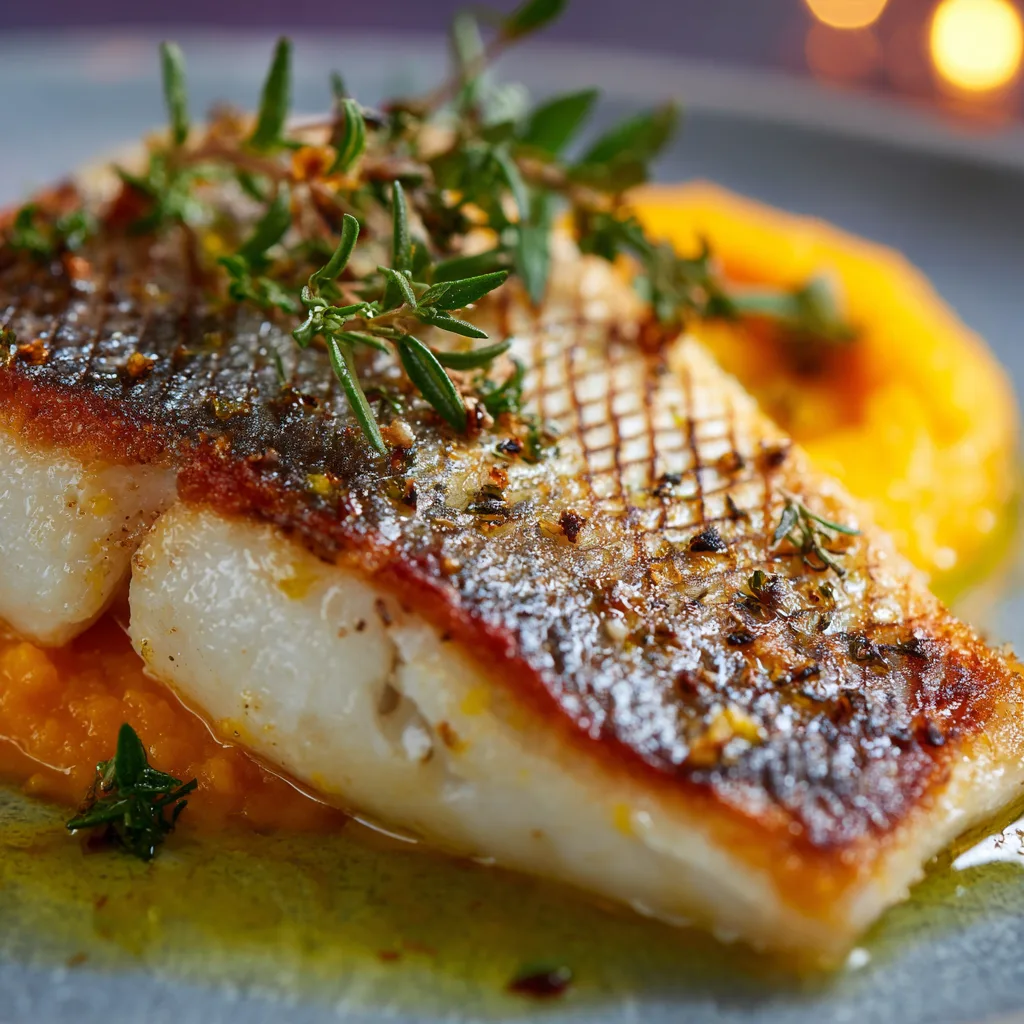 Gros plan sur la texture du filet de dorade au four parfaitement cuit avec peau croustillante