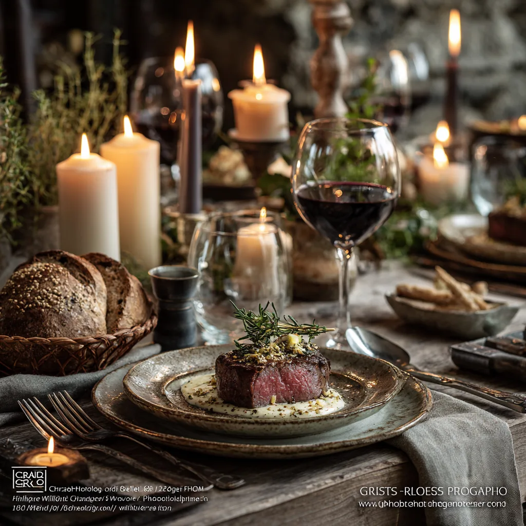 Filet de Bœuf à la Crème et Échalotes servi à table avec vin rouge et pain