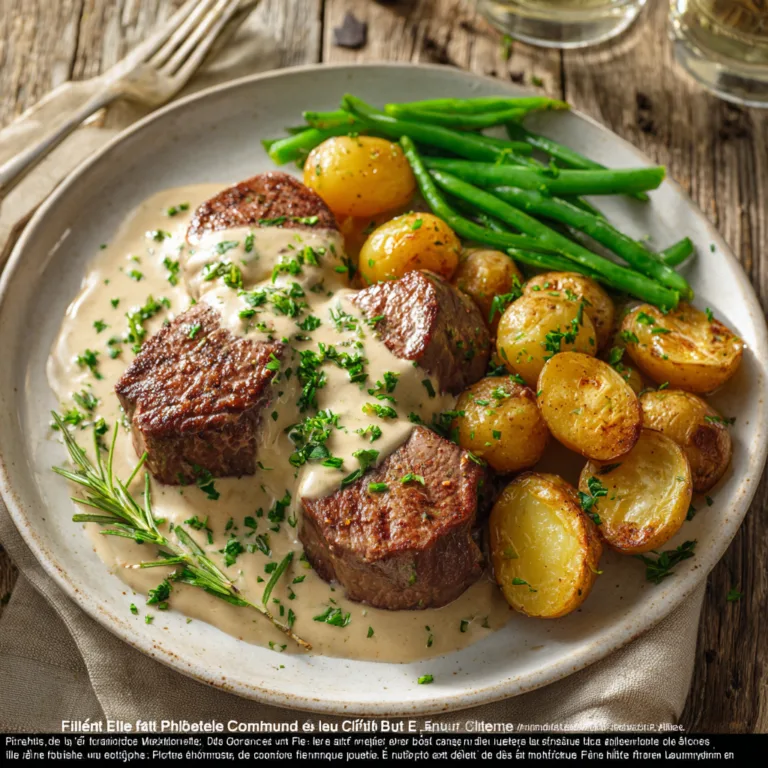 Filet de Bœuf à la Crème et Échalotes servi avec pommes de terre et haricots verts vue du dessus Filet de Bœuf à la Crème et Échalotes, un plat raffiné et facile à partager en famille.