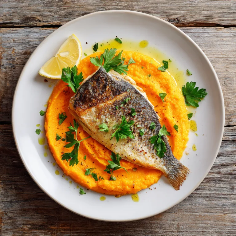 Filet de dorade au four et purée de carottes vue du dessus sur assiette blanche avec persil frais