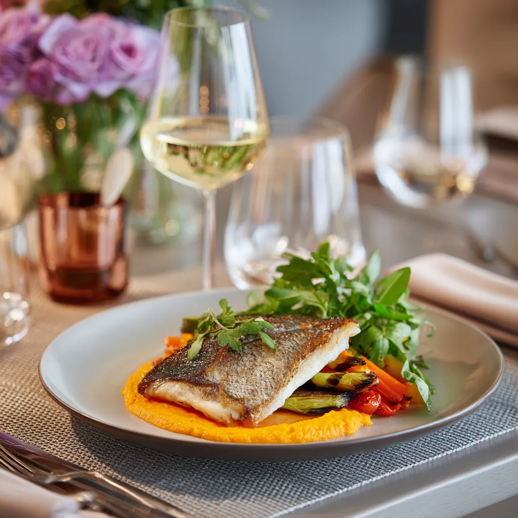 Filet de dorade au four et purée de carottes élégamment dressé avec accompagnements sur une belle table