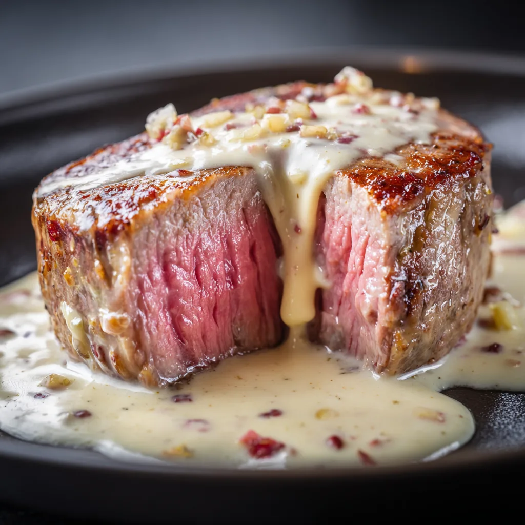 Gros plan médaillon filet mignon porc sauce crémeuse Maroilles texture fondante